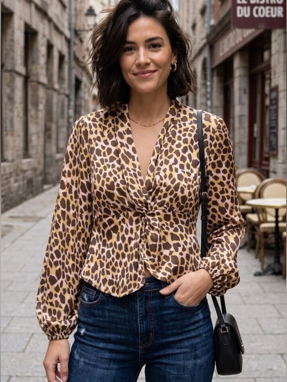 Heartloom Randi Leopard Print Satin Blous Brown Twist Front Size Large NWT